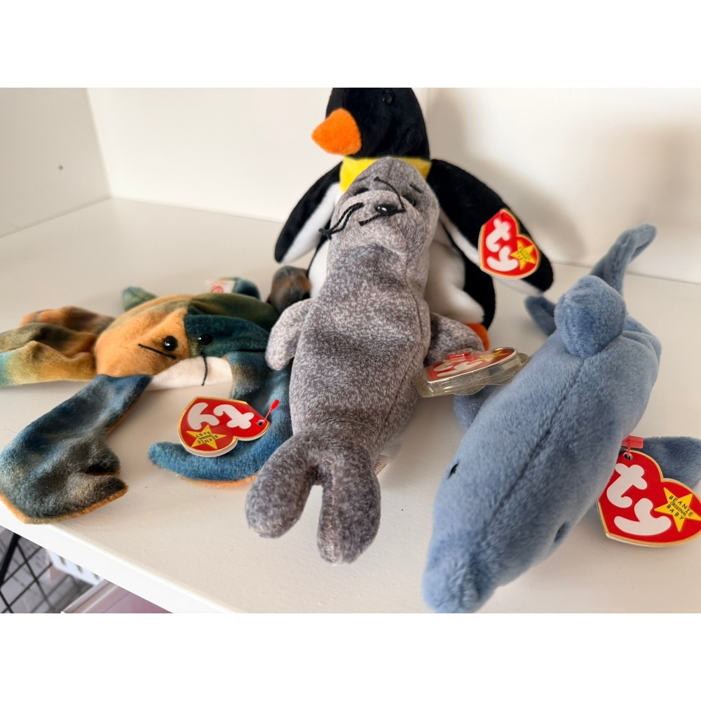 Ty Beanie Babies Sea Animal Lot Waddle Penguin Slippery Seal Crunch Shark Claude